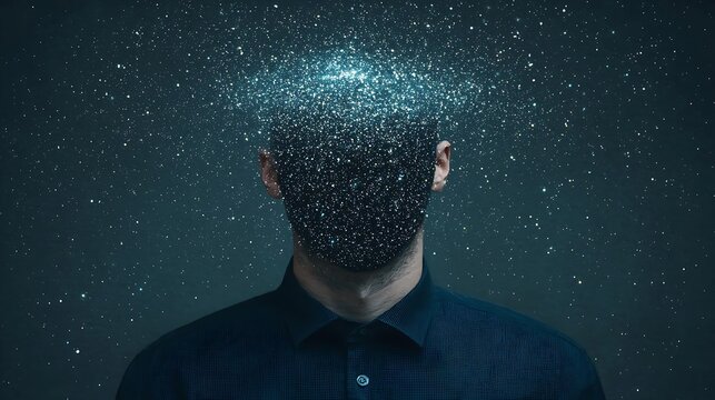 A man"s face dissolves into particles, creating a surreal, fragmented effect against a dark background.
