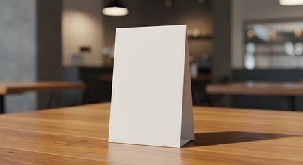 Blank table tent on wooden table in restaurant interior