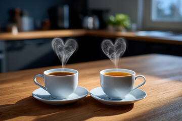 Obraz premium Two Cups Of Tea With Heart Shaped Steam On A Wooden Table In Bright Sunlight