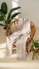 Beige linen loungewear set is draped over a woven chair, creating a serene and comfortable aesthetic complemented by vibrant green houseplants in a bright, airy setting.