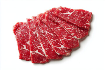 High marbling score beef sliced isolated on white background, Selective focus wagyu beef with fatty marbling on white background, Korean hanwoo beef for barbecue.