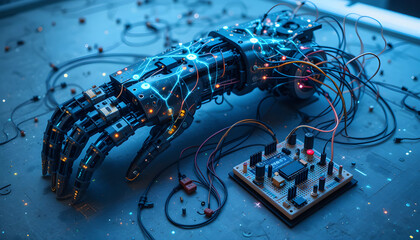 Futuristic Robotic Arm with Glowing Neural Circuits
