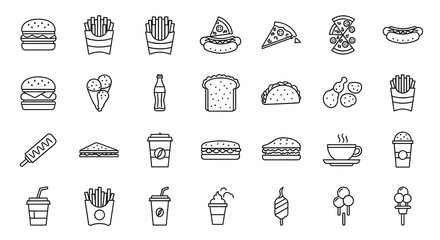 Assorted outline icons present various fast food options and treats on a transparent backdrop