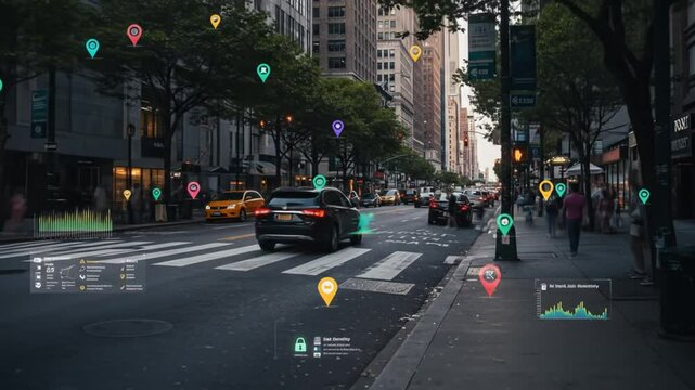 Augmented Reality City Street View with Cars, Pedestrians, and Data Overlays