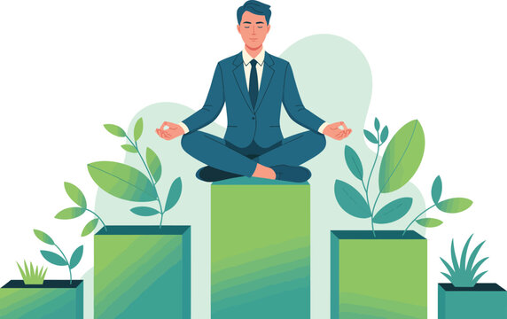 Businessman Meditating on Top of Growth Chart with Plants Illustration ai generated vector