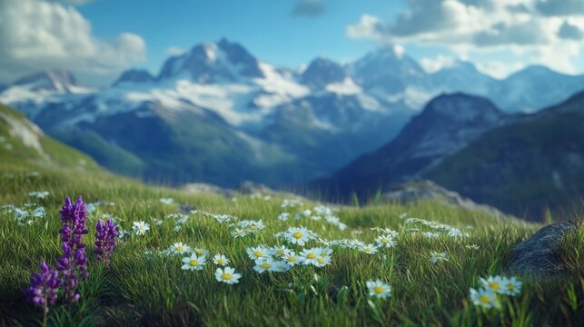 Alpine meadow wildflowers with mountains in the background - Powered by Adobe