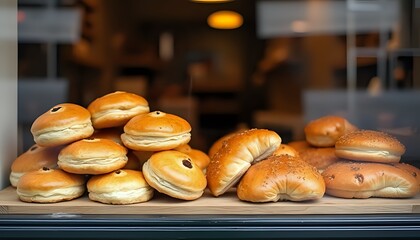 Assorted Freshly Baked Buns in Display Case