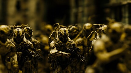 Close-up view of a military-style figurine army.