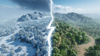 3D rendering of a mountain - forest landscape split by a lightning bolt into winter and summer scenes; snowy on one side, green and clear - weathered on the other, ideal for seasonal contrasts, nature
