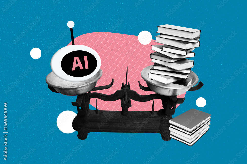 Poster Art sketch image vertical collage of scales weight knowledge comparison book stack artificial intellect head cyber innovation