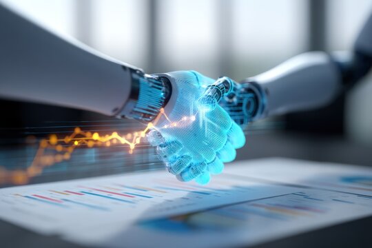 Ai robot shaking hands collaboration future technology