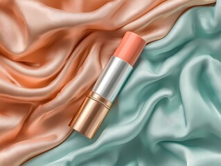 Cosmetic Tube Resting on Luxurious Folded Silk Fabric in Peach & Aqua Tones