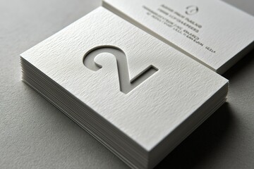 Stack of minimalist business cards with embossed letter - like cut - out design, textured surface for professional use 
