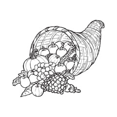 Fototapeta premium Black and White Cornucopia Harvest Illustration – Thanksgiving Fruit and Vegetable Basket Line Art Vector