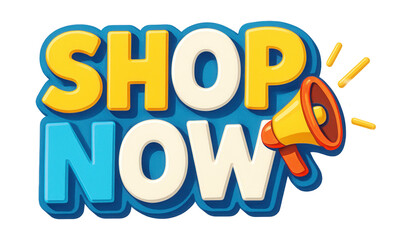Blue sticker with SHOP NOW in vibrant 3D style, dynamic retail promotion on transparent background.