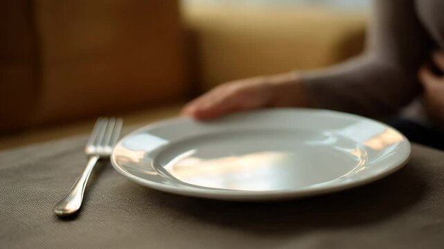 A close up of an empty plate with the same dish and silverware next to it, while in the blurred background there is someone sitting on a sofa