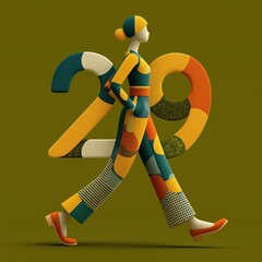 3D illustration of a woman walking, featuring colorful patch - work style outfit and the number 29 in the background, suitable for event or promotional design 