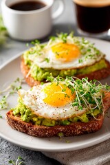 Enjoying a delicious breakfast featuring avocado spread on toast, crowned with perfectly fried eggs and fresh sprouts, accompanied by a cup of rich coffee