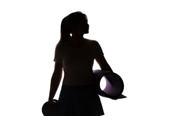 silhouette of young woman with dumbbell and sports mat on white isolated background, girl with sports equipment , concept of beauty and health