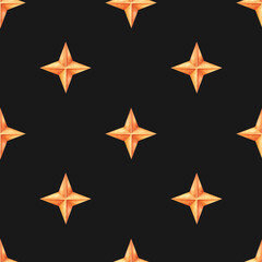  Seamless pattern with orange four-pointed stars hand-painted in watercolor on a black background. Great for modern designs, packaging, and creative textile projects.