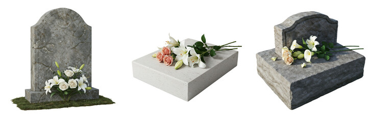 Gravestones with white and pink flowers representing All Saints' Day  