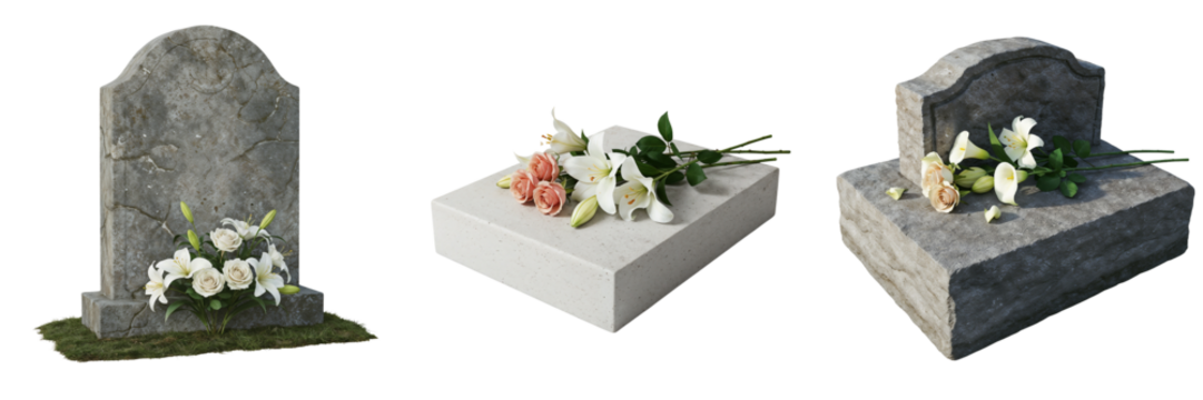 Gravestones with white and pink flowers representing All Saints' Day  