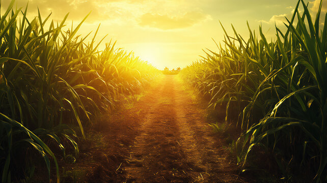 Sugarcane stalk paranoma farmwork, summer sunrises farming. Field of sugarcane (Saccharum officinarum) at sunrise or sunset., cane field golden hour, cornfield. 