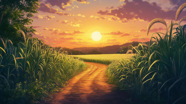 Sugarcane stalk paranoma farmwork, summer sunrises farming. Field of sugarcane (Saccharum officinarum) at sunrise or sunset., cane field golden hour, cornfield. 