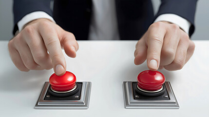 Businessman hands ready to press two red emergency buttons simultaneously on white desk suggesting critical decision, making choice activation emergency response dual control systems safety protocols.