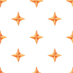 Obraz premium Seamless watercolor pattern featuring orange four-pointed stars on a white background. Ideal for stationery, fabric, gift wrap, and digital paper with a modern handcrafted feel.