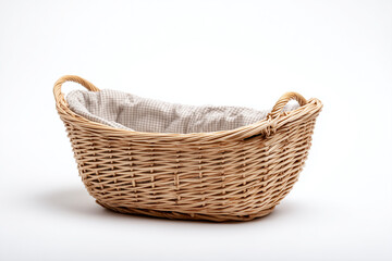 Toddler bassinet with cushion isolated on white background, Selective focus newborn baby cage with futon and pillow, Infant bed in rattan basket.