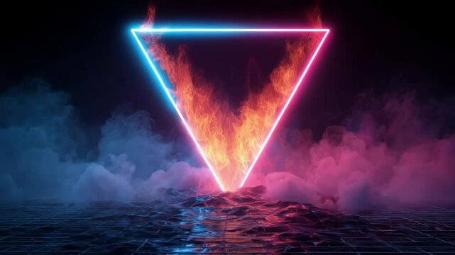 Vibrant neon triangle with flames and smoke creates a dynamic visual effect in a dark setting at night