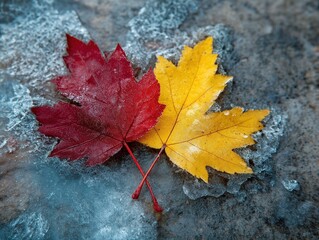 Two autumn maple leaves, one red and one yellow, lying on a frosty surface, perfect for seasonal - themed designs, greetings, or decor. 