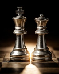 Silver - toned king and queen chess pieces on a checkered board, dramatic lighting creating a spotlight effect between them, ideal for game - related designs, strategic themes, or metaphorical uses. 