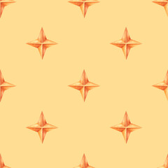 Obraz premium Watercolor seamless pattern with orange geometric stars on a soft beige background. Suitable for wrapping, stationery, packaging, and textiles with a warm natural look.