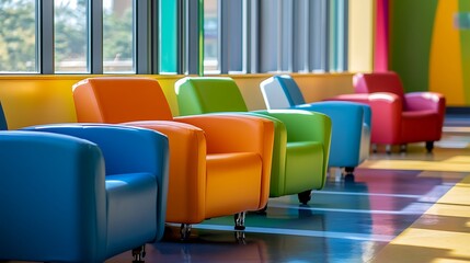 Fototapeta premium Vibrant colorful chairs line a wall in a modern interior with reflected light