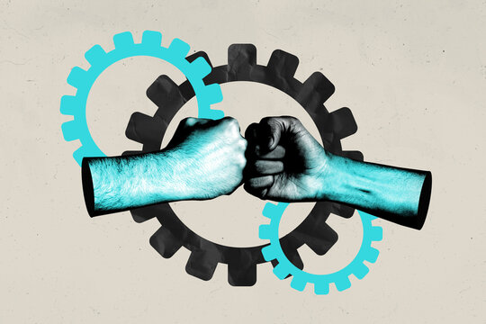 Image full pop trend collage of business partners hands boom gesture gearwheel cooperation unity development showing symbol