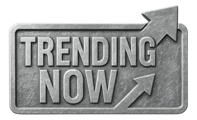 Rectangular metallic sticker with TRENDING NOW text in industrial style, modern promo offer on transparent background.
