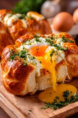 Freshly baked bread bowls are filled with a perfectly cooked egg, runny yolk flowing, garnished with herbs and served on a wooden board, evoking a warm breakfast atmosphere