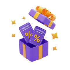 3D gift box with discount vouchers. Concept for loyalty rewards, sales, and promotions. Isolated on transparent background, png
