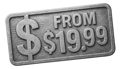 Silver rectangular tag with FROM $19.99 offer in metallic embossed style, promotional discount retail on transparent background.