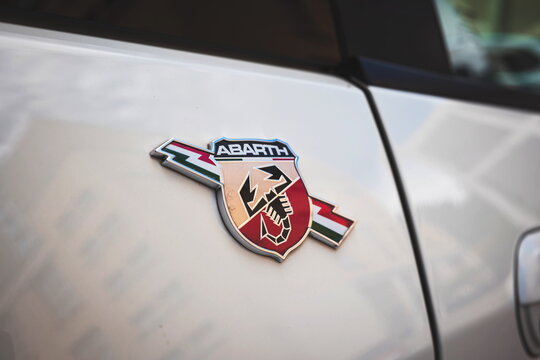 05-07-2025 Kemptthal, Switzerland. Classic Abarth shield emblem or badge on the side of a white youngtimer car