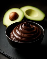 An elegant and healthy chocolate avocado mousse with a rich, glossy finish, served in a minimalist bowl next to a perfectly ripe, fresh avocado half on a dark slate surface.