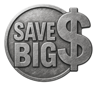 Sleek round metallic badge with SAVE BIG text and dollar symbol, eye-catching retail promo offer on transparent background.