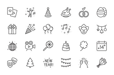 Celebration icon set. Christmas, birthday, wedding, holiday, gift, balloons, music, clown, disco ball, cake, masks, decoration, champagne, bouquet, dancing, etc. Vector illustration. Editable stroke.