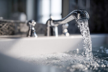Running water tap closeup in toning clean
