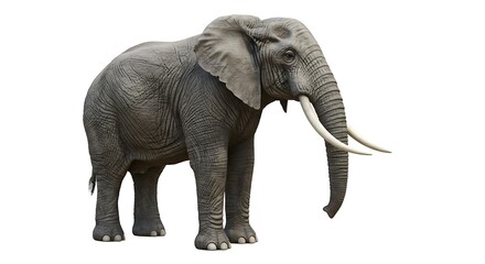 Obraz premium Gray African Elephant Standing on White Background with Long Ivory Tusks