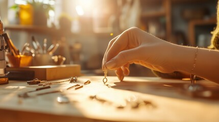 Artisan jeweler crafting fine jewelry in a bright workshop at sunset surrounded by various tools and materials