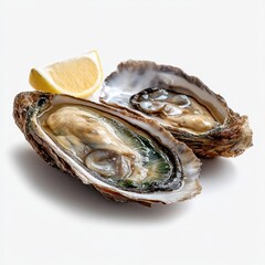 Two fresh oysters on the half shell with a lemon wedge on a white background.
