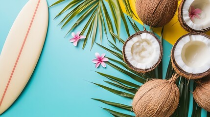 Tropical vibes with surfboard, coconuts, and palm leaves evoke a relaxing beach getaway